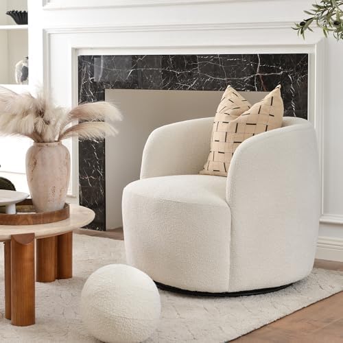 KINWELL 34" W Boucle Swivel Barrel Chair with Toss Pillow, Beige