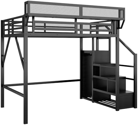 KEIKI Full Size Metal Loft Bed Frame with Convertible Staircase, Built-in Storage Shelves and Wardrobe, Loft Bed with Solid Slats, Guardrail, No Box Spring Required, Easy Assembly, for Bedroom, Black