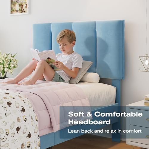 VECELO Twin Size Bed Frame with Upholstered Headboard, Light Blue