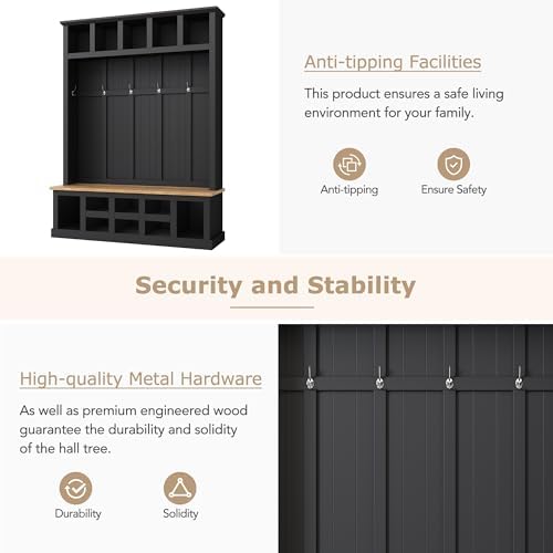 Farmhouse Wood Hall Tree with Bench and Shoe Storage, 5-in-1 Coat Rack with 6 Hooks for Entrance, Hallway Black