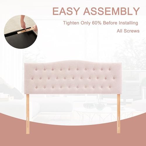 Tufted Headboard Full Size, Solid Wood Adjustable Height Head Board, Pink
