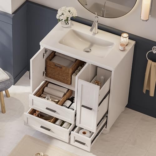 LIKIMIO 29.5" Bathroom Vanity with Sink, Hair Tool Drawer, 4 Solid Legs, 4 Drawers 2 Doors, Modern Freestanding Wooden Bathroom Cabinet with Undermount Upgraded SMC Sink, Quick Assembly, White