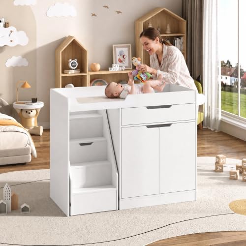 St.Mandyu Baby Changing Table with Drawers & Storage, Diaper Changing Station with Stairs, Toddler Wooden Changing Table with Paper Roller for Daycare & Home, White