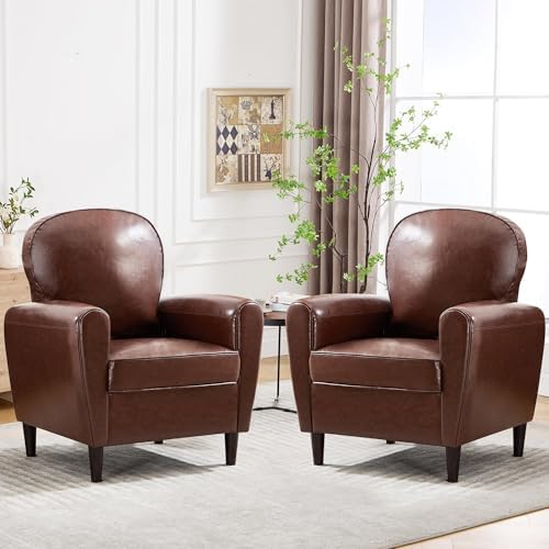 Mid Century Accent Chair Set of 2, Modern Faux Leather Arm Chair, Upholstered Comfy Reading Chair Single Sofa Chairs for Living Room, Bedroom, Club, Dark Brown