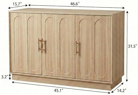 holzart 46.6" Modern 3 Door Storage Cabinet, Light Oak Sideboard Buffet Cabinet with Gold Handles, Large Fluted Wood Accent Credenza for Dining Room, Living Room, Coffee Bar
