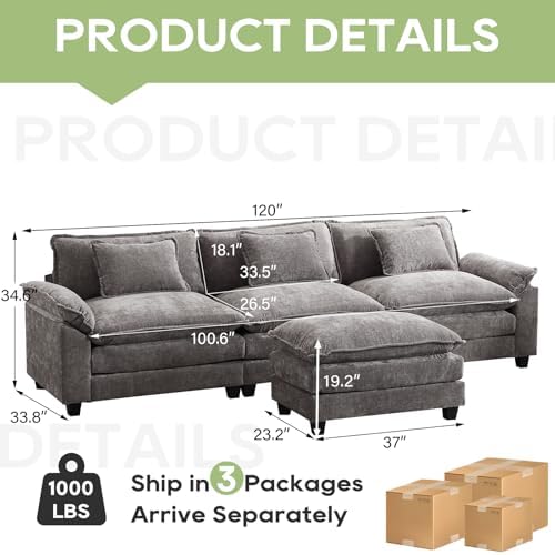 Oprisen 120" Modular Sectional Sofa, Comfy Deep Cloud Couch with Ottoman