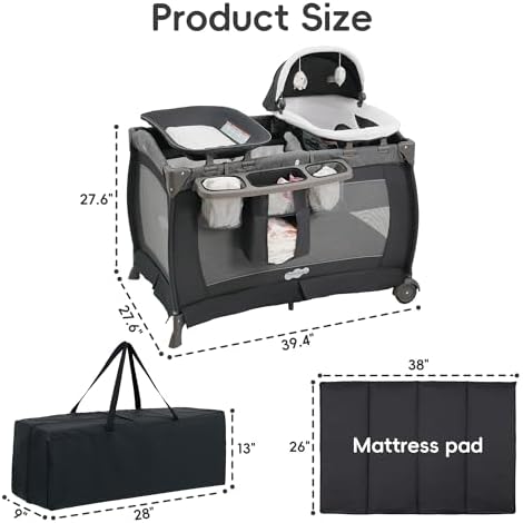Pamo Babe Pack and Play 4-in-1 Baby Playard with Bassinet & Changing Table, Foldable Portable Playpen with Mattress, Travel Crib for Newborn to Toddler 0-36M-Black