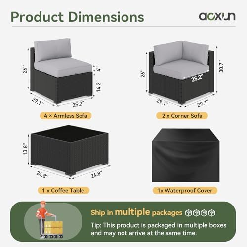 Aoxun 7 Piece Patio Furniture Set, Wicker Rattan Patio Sectional Sofa, Outdoor Furniture Set with Thickened Cushion, Light Gray