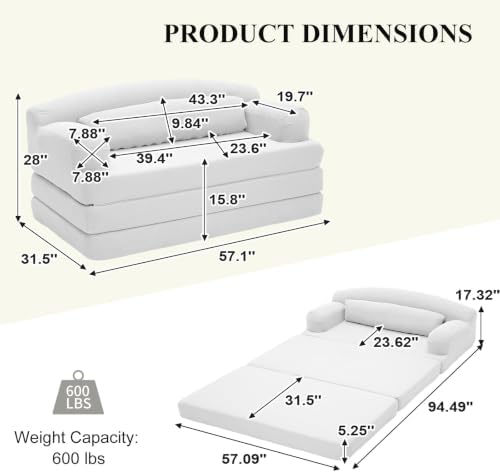 57” Convertible Sleeper Sofa Bed, Boneless Couch, White
