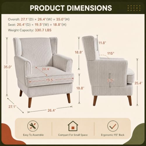 VINGLI 26" Wingback Accent Chair, Corduroy Armchair for Bedroom Living Room