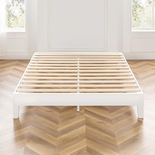 Mellow Naturalista Grand 12 Inch Solid Wood Platform Bed with Wooden Slats, Easy Assembly, Queen, White