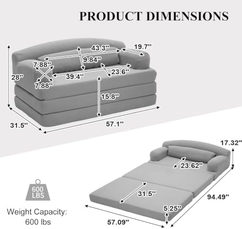 57” Convertible Sleeper Sofa Bed, Boneless Couch, Light Gray
