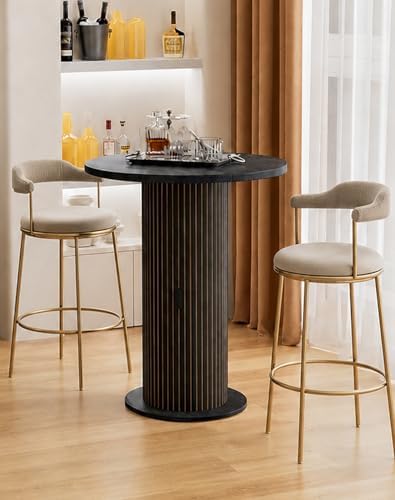 Bar Table with Storage and Sliding Door, 39.4” H 31.5” W Small Round Kitchen Table, Home Bar High Top Cocktail Table for Kitchen, Coffee Bar, Living Room, Black