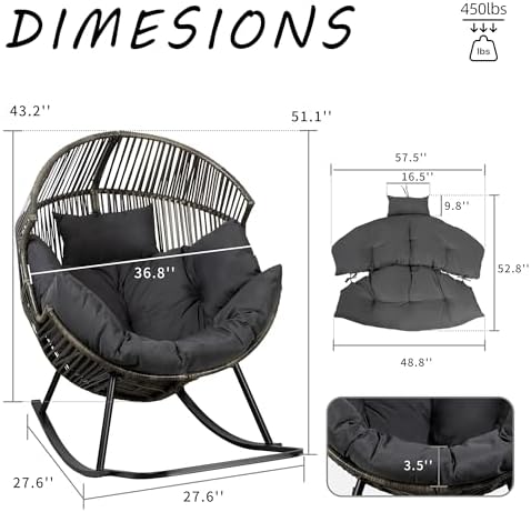 Shintenchi Wicker Egg Chair,Oversized Outdoor Indoor Rocking Chair, Large PE Rattan Rocking Chair with Cushion for Patio, Balcony, Backyard, Garden, Deep Grey