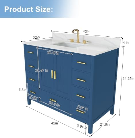 Montary 42" Bathroom Vanity with Sink & 43" Carrara Quartz Top | with 3 Pre-Drilled Faucet Holes, Solid Wood Cabinet, Soft-Close Double Doors & 9 Smooth-Glide Drawers,Blue
