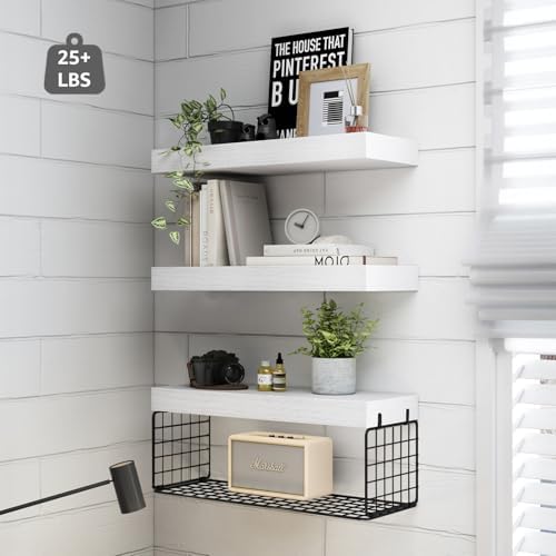 QEEIG Bathroom Shelves Over Toilet Wall (White and Black, Set of 3, 15.7")