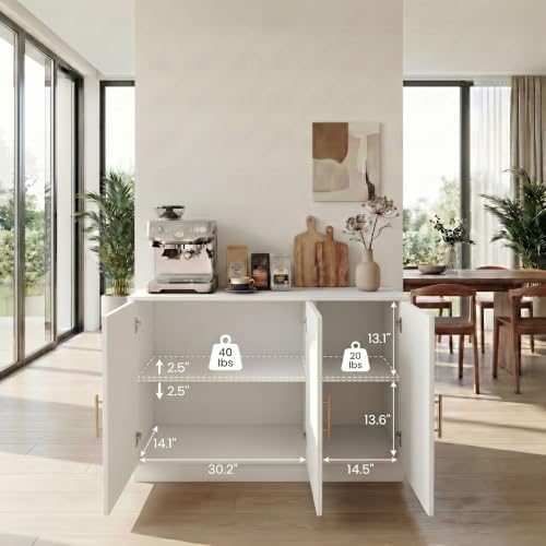 holzart 46.6" Modern Farmhouse 3 Door Storage Cabinet, White Sideboard Buffet with Gold Handles, Large Fluted Wood Credenza for Dining Room, Living Room, Coffee Bar