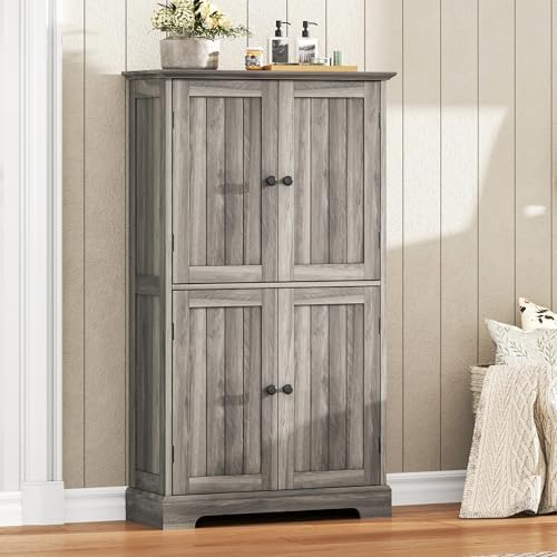 ChooChoo Bathroom Floor Cabinet with Adjustable Shelves | Bathroom Storage Cabinet, 4 Doors, Freestanding Cupboard for Living Room, Kitchen Pantry, Retro Grey