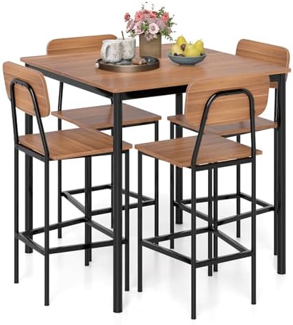 Giantex 5-Piece Dining Table Set W/Counter Height Table & 4 Bar Stools, Industrial Kitchen Dining Table Set W/Footrest & Backrest, Space-Saving Dinette Set for Pub, Dining Room, Restaurant (Teak)