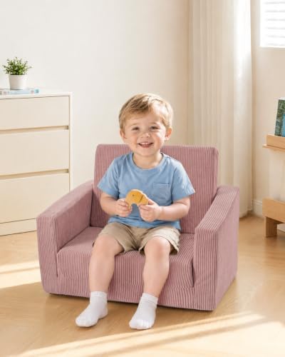 2-in-1 Kids Chair and Couch, Cozy Corduroy Kids Sofa, Pink