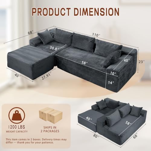 Korser 110" L-Shaped Modular Sectional Sofa with Chaise, Boneless Comfy Corduroy Fluffy Couch with Deep Seat and Side Pockets, Flexible Module Combination for Living Room, No Assembly, Side Pockets