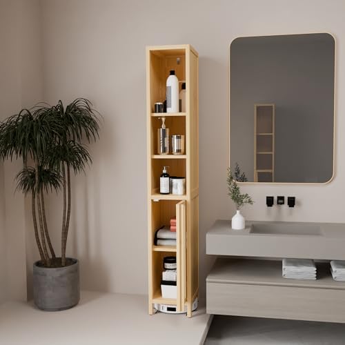 65" Tall Bamboo Storage Cabinet, Slim Freestanding Bathroom Cabinet with 4 Interior Shelves & Open Storage Compartment, Narrow Organizer for Bathroom, Bedroom, Living Room, Laundry Room, Natural