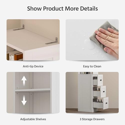 Tall Narrow Bathroom Storage Cabinet, 67" Floor Cabinet with 2-Way Reversible Door & 3 Drawers, Narrow Pantry Linen Tower with Adjustable Shelves for Small Space, Kitchen, Laundry, White