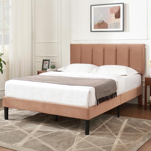 VECELO Full Size Bed Frame with Upholstered Headboard, Coffee