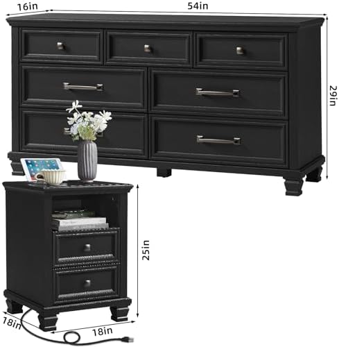 SAVOR LIFE Farmhouse Dresser and Nightstand Sets 3 Piece, Black