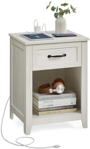 VASAGLE Farmhouse Wood Nightstands with Charging Station