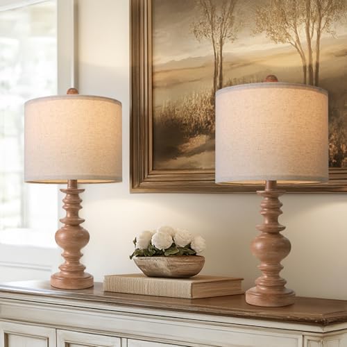 BOBOMOMO 20" Rustic Bedside Lamps Set of 2- Vintage Resin Table Lamps for Nightstands with Linen Shades, Farmhouse Lamps for Living Room, Bedroom, and Hallway (Light Brown) - Ideal for Compact Spaces