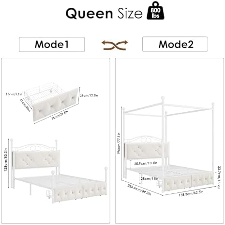 Queen Upholstered Canopy Bed Frame with 2 Drawers & Crystal Tufted Storage Headboard Metal Platform Bed with Charging Station & 4 Removable Posts No Box Spring Needed Curtain Not Included, Beige