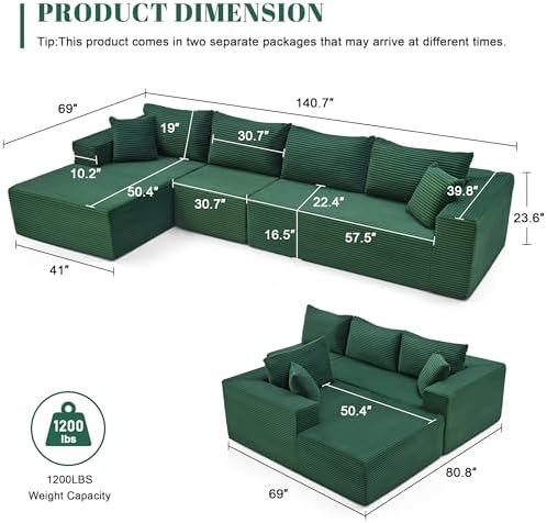 Mangodan 140” Cloud Sectional Couch, Modular Sectional Sofa with Deep Seat, Boneless Sofa for Living Room, Fluffy Comfy L-Shaped Couch with Left Facing Chaise, No Assembly Required, Green