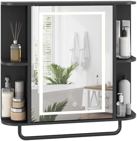 MAHANCRIS Bathroom Wall Cabinet with Mirror, Mirrored Medicine Cabinet with 3 Colors LED Light and 4 Open Shelves, Wall Mounted Storage Cabinets with Adjustable Shelf, 24.7"L x 6.7"W x 26.7"H, Black