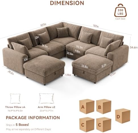 Ihanherry Oversized Cloud Sectional Couches for Living Room, Modular Sectional Sofa with Wide Deep Seat, Coner Couch with Throw Pillow and Storage Ottoman, Brown