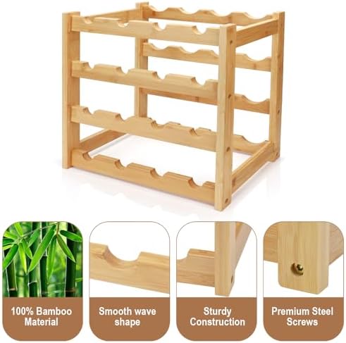 Bamboo Wine Rack, 4-Tier 16 Bottles Wine Storage Cabinet Shelf
