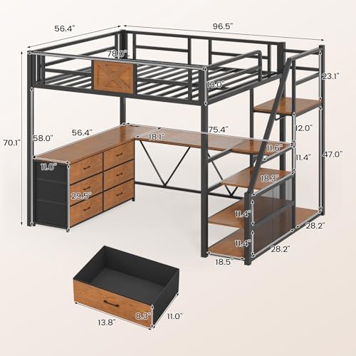 Itaar Full Size Loft Bed with Desk and Storage Stairs, Metal Loft Bed with 6 Storage Drawers, Hall Tree, LED Lights and Power Outlet, for Kids, Teens, Adults, (Rustic Brown, Full)