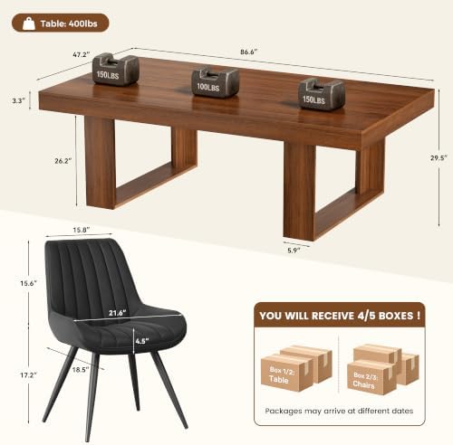 Miereirl 9-Piece Modern Farmhouse Dining Table Set, 86.6" x 47.2" Sturdy Stable Dining Table with 8 Chairs, Rectangular Kitchen Table Set for 8,(Walnut Table+8 Black Chairs)
