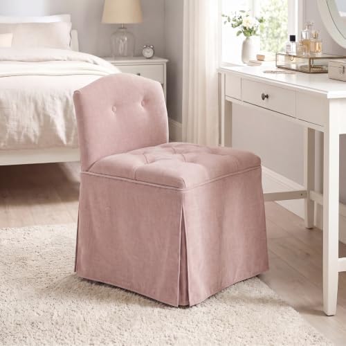 Pink Chenille Makeup Vanity Chair with Back & Wheels