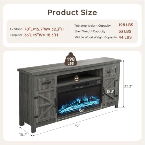 Fireplace TV Stand with Barn Door, 70 inch, Gray