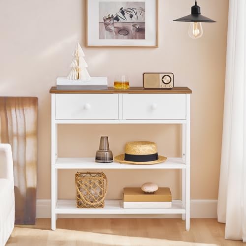 HOOBRO 29.5" Narrow Console Table with 2 Fabric Drawers, Sofa Table, Small Entryway Table with 3-Tier Storage Shelves, Behind Couch Table, for Living Room, Hallway, Walnut and White WH72XG01