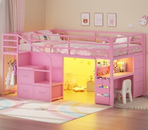 BTHFST Low Loft Bed Twin with Desk, Stairs, 6 Storage Drawers, Pink
