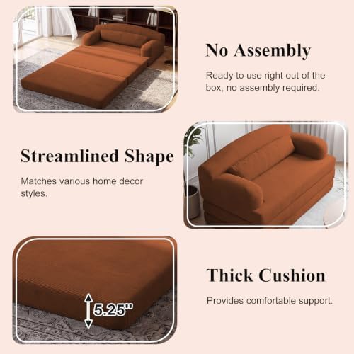 57” Convertible Sleeper Sofa Bed, Boneless Couch, Orange