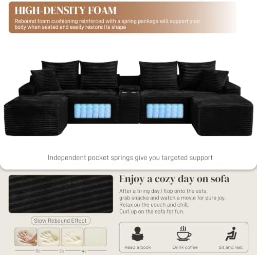 127" U Shaped Cloud Couch Modular Sectional Sofa, Comfy Fluffy Corduroy Black Boneless Sectional Couches for Living Room, Modern Cloud Sofas with Cup Holders & USB Port, Black
