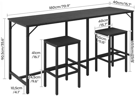 YATINEY 70.9" Bar Table and Chairs Set, Dining Table and Chair Sets, 3 Piece Counter Height Table and 2 Stools, Kitchen Table for Home Restaurant, Bar, Black BT09BB