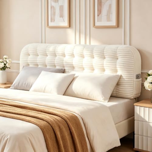 Seang King Size Upholstered Headboard, 24" Height Soft Breathable Corduroy Fabric Wall Mounted Headboards for Bedroom & Dorm, Modern Peel & Stick Bed Backboard, No Nails & No Assembly Required, Beige
