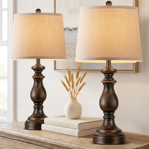 PARTPHONER Traditional Table Lamp Set of 2, Rustic Farmhouse Table Lamps for Living Room Bedroom, 27" Bedside Desk Lamps Vintage Nightstand Lamps with Linen Shades, Oil Rubbed Bronze