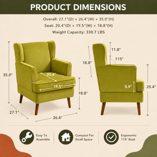 VINGLI 26" Wingback Accent Chair, Corduroy Armchair for Bedroom Living Room