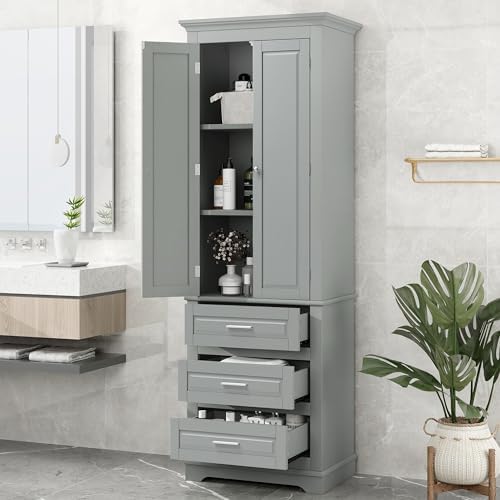 Polibi Tall Storage Cabinet with 3 Drawers, 3-Tier Adjustable Shelves & 2 Doors, Floor Freestanding Linen Cabinet for Bathroom, Living Room, Grey