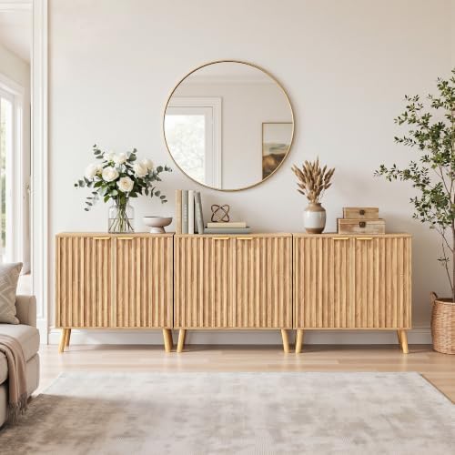 Set of 3 Fluted Storage Cabinet, Buffet Cabinet with Storage, Wood Sideboard with Adjustable Shelf, Modern Accent Cabinet & Console Table for Entryway, Living Room, Dining Room, Natural